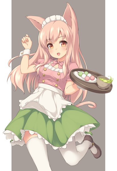 Anime picture 770x1120 with original sasaame single long hair tall image looking at viewer blush fringe holding animal ears yellow eyes pink hair bent knee (knees) tail animal tail cat ears open clothes maid cat girl cat tail