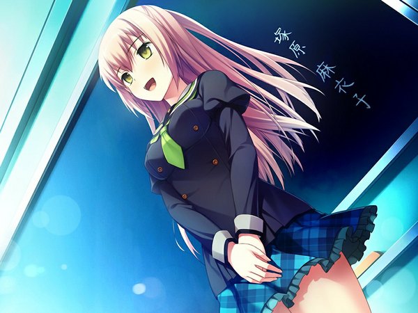 Anime picture 1024x768 with worlds and world's end tsukahara maiko amakura single long hair open mouth blonde hair green eyes game cg girl serafuku