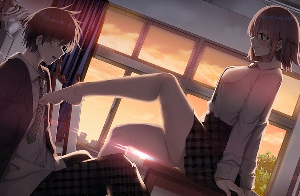 Anime picture 1631x1065 with original ryouma (galley) blush fringe short hair open mouth black hair smile hair between eyes brown eyes looking away bent knee (knees) indoors long sleeves profile barefoot sunlight arm support sweat dutch angle