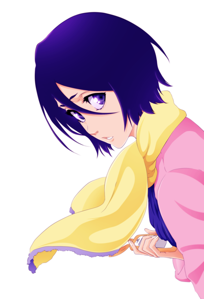Anime picture 1068x1560 with bleach studio pierrot kuchiki rukia b1u3h single tall image looking at viewer short hair white background purple eyes purple hair looking back coloring face girl scarf phone