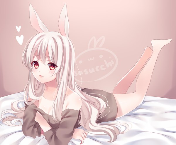 Anime picture 1366x1124 with original sasucchi95 single long hair looking at viewer blush fringe light erotic simple background smile hair between eyes red eyes bare shoulders signed animal ears payot full body white hair indoors lying