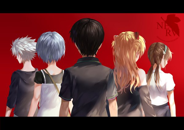 Anime picture 1052x744 with neon genesis evangelion gainax soryu asuka langley ayanami rei ikari shinji nagisa kaworu makinami mari illustrious lightofheaven long hair fringe short hair black hair simple background blonde hair brown hair twintails multiple girls blue hair silver hair upper body