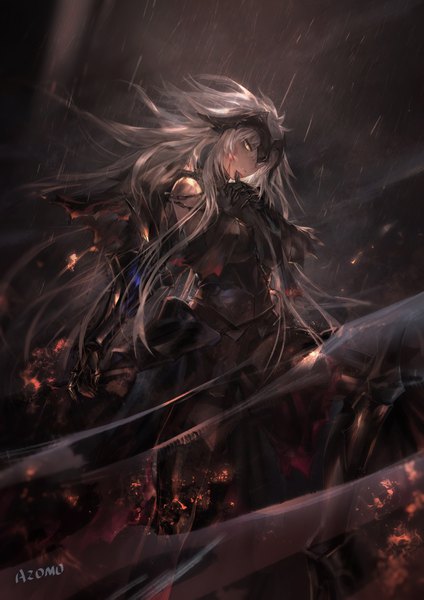 Anime picture 1600x2263 with fate (series) fate/grand order jeanne d'arc (fate) (all) jeanne d'arc alter (fate) azomo single long hair tall image fringe hair between eyes standing signed yellow eyes looking away silver hair rain serious clenched teeth blood on face girl