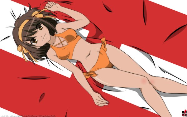 Anime picture 1920x1200 with suzumiya haruhi no yuutsu kyoto animation suzumiya haruhi fluke single looking at viewer highres short hair breasts light erotic brown hair wide image brown eyes signed lying from above on back wallpaper vector tan