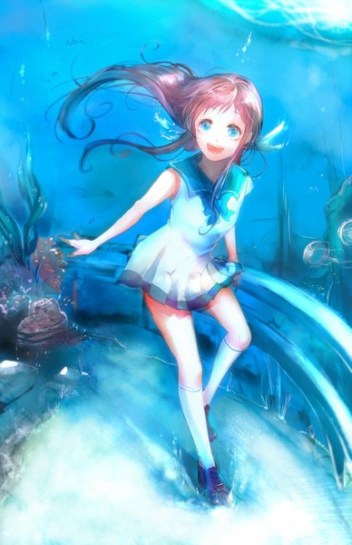 Anime picture 1942x3000 with nagi no asukara p.a. works mukaido manaka sanshou uo (artist) single long hair tall image looking at viewer highres open mouth blue eyes smile brown hair underwater girl dress socks white socks bubble (bubbles) fish (fishes)