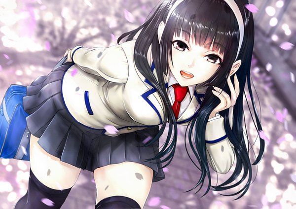 Anime picture 1273x900 with original konekoneko (indonesia) single long hair looking at viewer fringe open mouth black hair outdoors blunt bangs black eyes leaning zettai ryouiki leaning forward cherry blossoms girl thighhighs skirt uniform black thighhighs