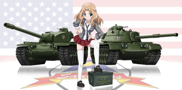 Anime picture 2000x993 with girls und panzer kay (girls und panzer) cyber (cyber knight) long hair looking at viewer blush highres blue eyes blonde hair wide image girl thighhighs skirt weapon white thighhighs necktie ground vehicle flag green skirt tank