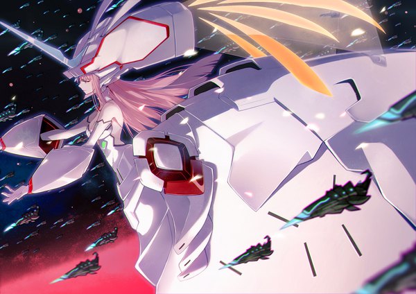 Anime picture 3508x2480 with darling in the franxx studio trigger zero two (darling in the franxx) strelizia slyvia highres breasts large breasts bare shoulders green eyes pink hair absurdres cleavage very long hair profile floating hair spread arms space battle spoilers