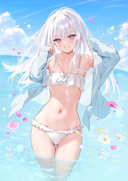 Anime picture 1013x1433 with original shiro-chan (mignon) mignon single long hair tall image looking at viewer blush fringe light erotic smile hair between eyes standing sky cloud (clouds) outdoors white hair long sleeves head tilt pink eyes