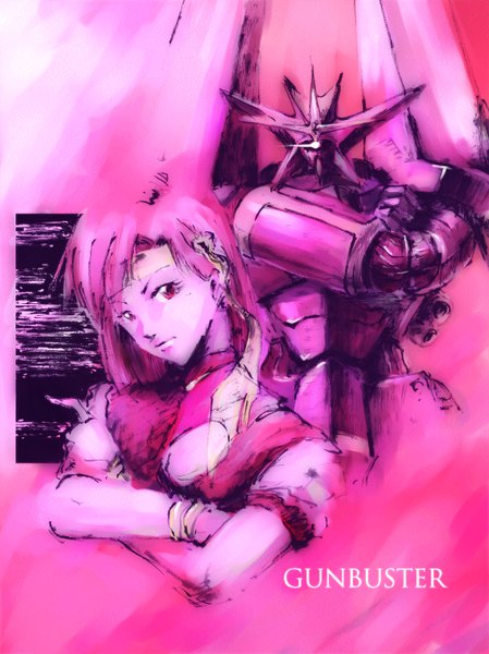 Anime picture 1240x1656 with gunbuster takaya noriko ikuyoan tall image short hair inscription crossed arms pink background girl hairband mecha