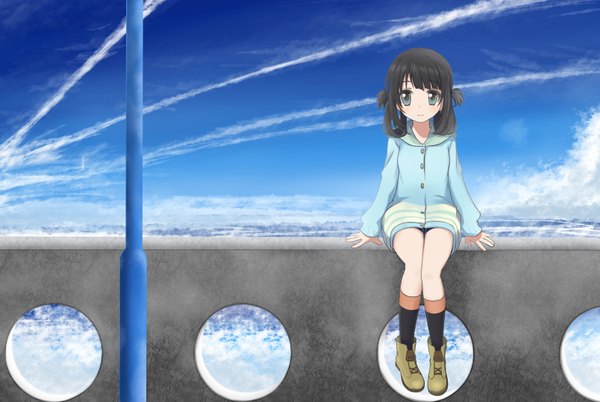 Anime picture 1608x1080 with nagi no asukara p.a. works shiodome miuna x k o single looking at viewer short hair blue eyes black hair sitting sky cloud (clouds) girl socks black socks