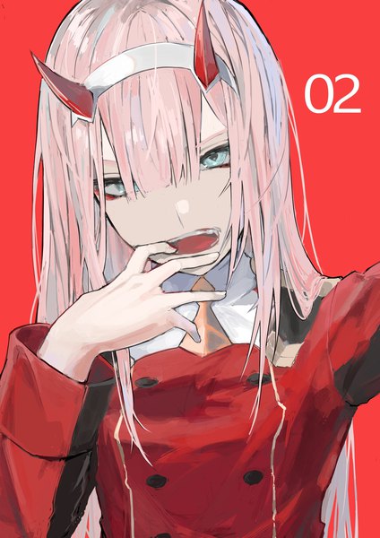 Anime picture 1457x2064 with darling in the franxx studio trigger zero two (darling in the franxx) skyn blue single long hair tall image looking at viewer fringe blue eyes simple background hair between eyes pink hair upper body horn (horns) red background finger in mouth girl headband