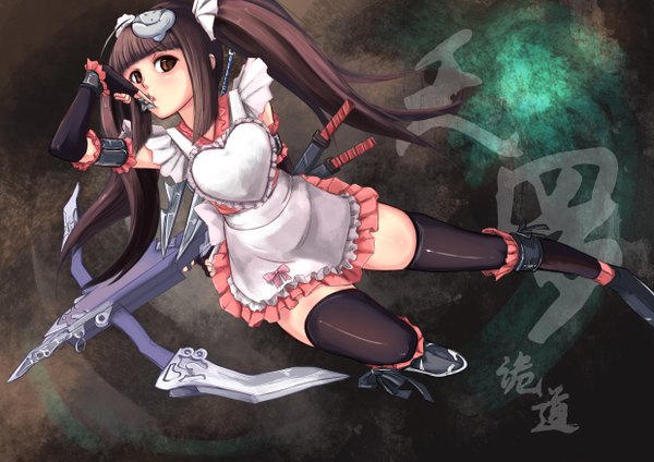 Anime picture 4960x3507 with original shou mai single long hair looking at viewer highres brown hair twintails brown eyes absurdres inscription girl thighhighs weapon black thighhighs socks boots black socks apron