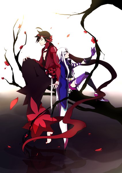 Anime picture 2480x3507 with katanagatari white fox togame yasuri shichika shun nyan long hair tall image highres brown hair sitting full body ahoge white hair profile barefoot outstretched arm back to back hand on knee girl thighhighs