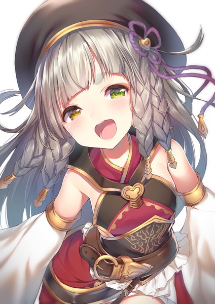 Anime picture 1157x1637 with granblue fantasy pholia topia single long hair tall image looking at viewer blush fringe open mouth simple background smile white background bare shoulders green eyes yellow eyes blunt bangs braid (braids) head tilt :d