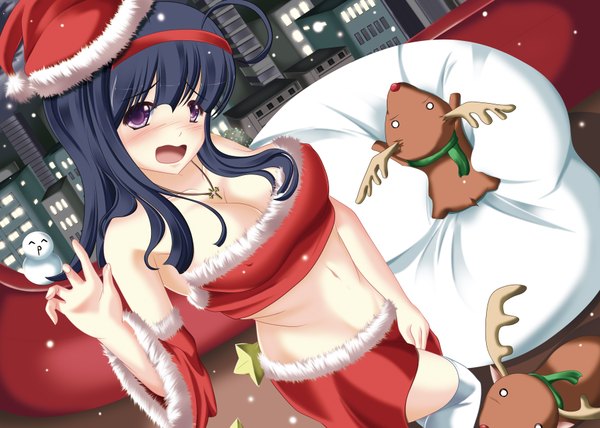 Anime picture 3624x2591 with ren ri (artist) single long hair blush highres breasts open mouth light erotic black hair purple eyes bare shoulders absurdres ahoge fur trim christmas merry christmas girl thighhighs skirt navel