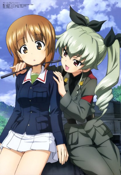 Anime picture 4099x5936 with girls und panzer megami magazine nishizumi miho anchovy (girls und panzer) long hair tall image highres short hair open mouth brown hair twintails multiple girls brown eyes absurdres green hair girl uniform 2 girls military uniform ground vehicle