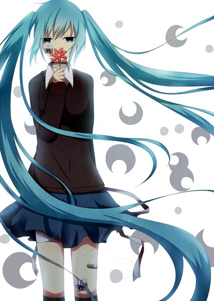 Anime picture 854x1200 with vocaloid rolling girl (vocaloid) hatsune miku yuki (yuzuki) single long hair tall image looking at viewer fringe blue eyes hair between eyes standing white background twintails holding payot blue hair ahoge pleated skirt floating hair