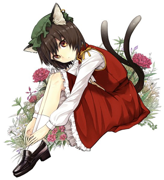 Anime picture 817x900 with touhou chen dekappara futoriusu single tall image looking at viewer short hair simple background brown hair white background sitting brown eyes animal ears tail animal tail cat ears cat girl cat tail multiple tails girl