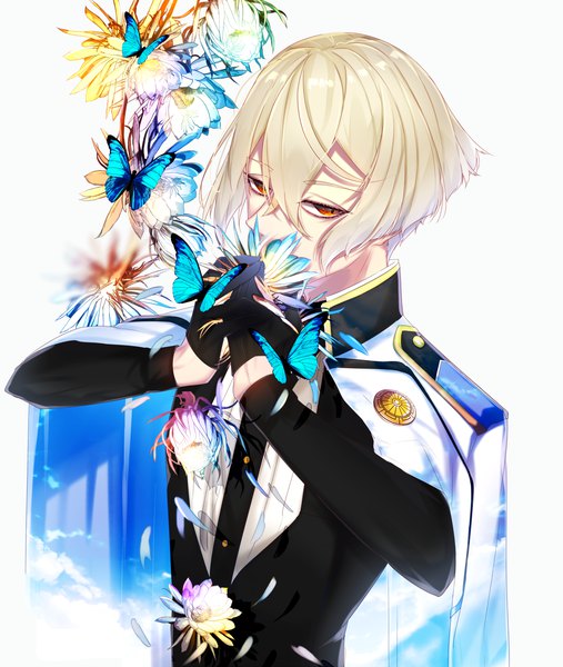 Anime-Bild 3000x3552 mit touken ranbu nitroplus higekiri (touken ranbu) motsuni (lxxe1120) single tall image looking at viewer fringe highres short hair simple background blonde hair hair between eyes white background upper body from above orange eyes clothes on shoulders butterfly on hand boy