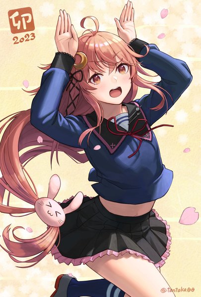 Anime picture 1181x1748 with kantai collection uzuki destroyer tantaka single long hair tall image fringe open mouth hair between eyes signed ahoge :d pleated skirt orange hair arms up orange eyes twitter username low ponytail new year yellow background