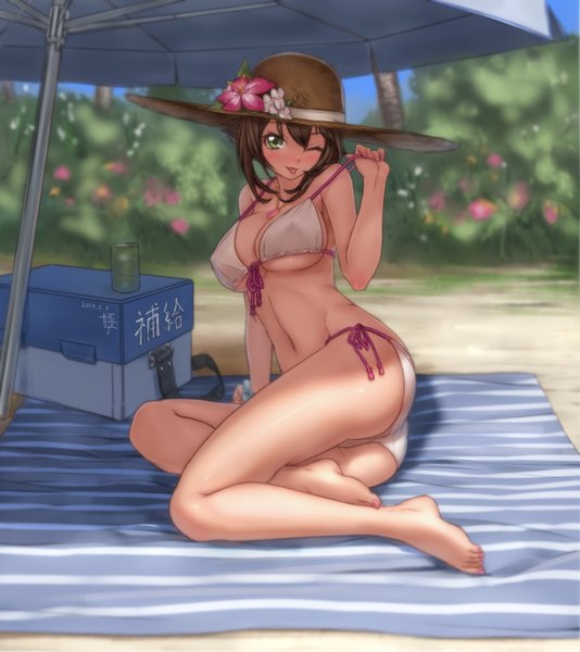 Anime picture 1222x1372 with kantai collection mutsu battleship qingmingtongzi single tall image looking at viewer blush short hair breasts light erotic brown hair green eyes one eye closed wink beach :p girl navel flower (flowers) swimsuit