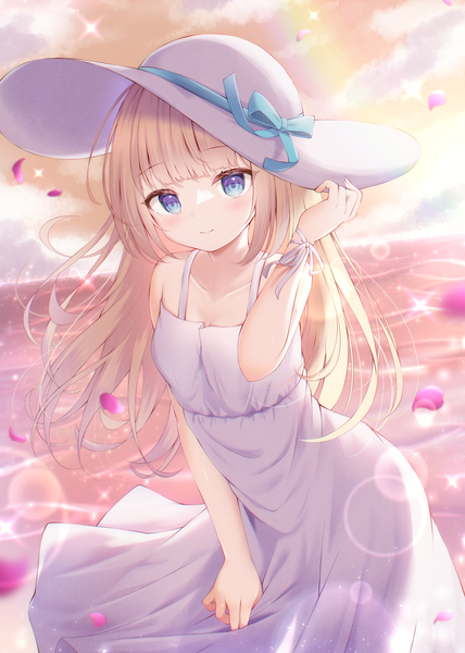 Anime picture 2976x4175 with original liuliu single long hair tall image looking at viewer blush fringe highres blue eyes blonde hair standing sky cloud (clouds) outdoors blunt bangs light smile lens flare evening see-through silhouette