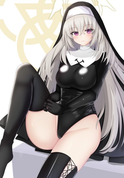 Anime picture 3927x5632 with blue archive sakurako (blue archive) justina follower (blue archive) nao (naobinarydigit) single long hair tall image looking at viewer highres breasts light erotic smile large breasts sitting purple eyes absurdres silver hair highleg shiny clothes nun