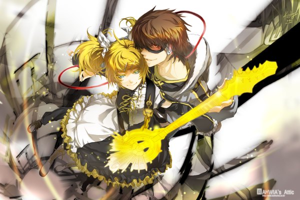 Anime picture 3600x2400 with vocaloid meltdown (vocaloid) kagamine rin rahwia highres blonde hair brown hair twintails absurdres couple girl dress headphones pants goggles guitar