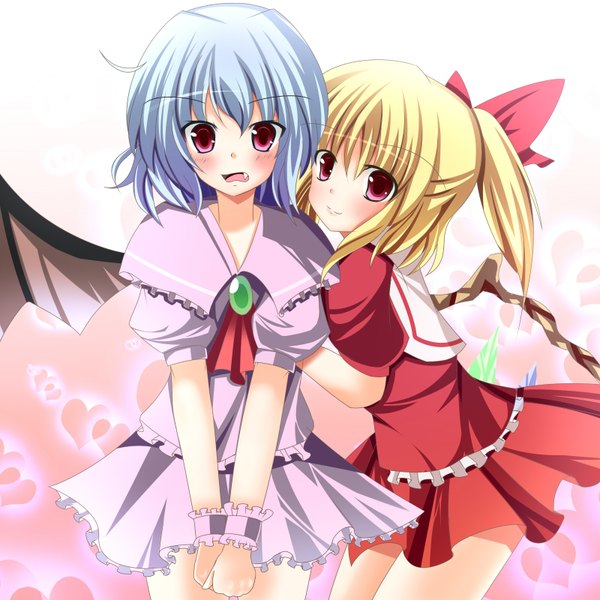 Anime picture 1600x1600 with touhou flandre scarlet remilia scarlet lio (artist) looking at viewer blush short hair open mouth blonde hair smile red eyes multiple girls blue hair teeth fang (fangs) bat wings girl dress skirt bow