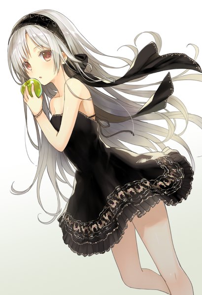 Anime picture 600x877 with original yuuki rika single long hair tall image looking at viewer blush fringe open mouth simple background white background bare shoulders holding brown eyes silver hair parted lips bare legs standing on one leg girl dress