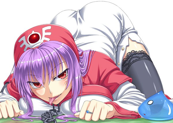 Anime picture 1000x715 with dragon quest dragon quest ii princess of moonbrook nakayama yukiji single long hair looking at viewer light erotic red eyes purple hair girl thighhighs dress black thighhighs hat tongue chain