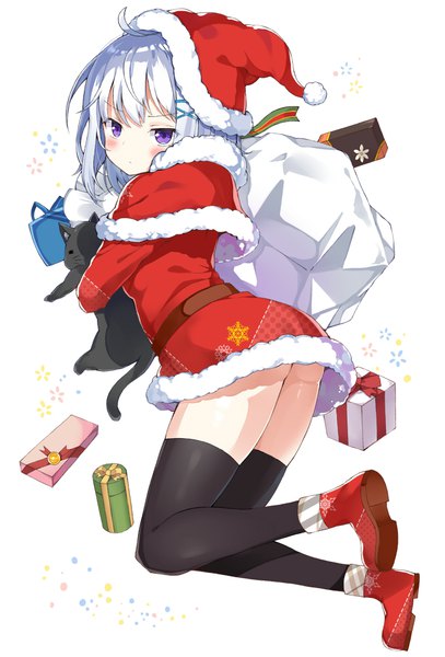 Anime picture 678x1000 with original myuton single tall image looking at viewer blush fringe short hair light erotic simple background white background purple eyes holding silver hair full body ahoge bent knee (knees) looking back fur trim christmas