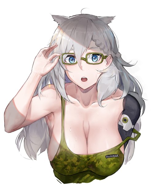 Anime picture 1677x2048 with girls frontline ksvk (girls frontline) pandea work single long hair tall image looking at viewer fringe breasts open mouth blue eyes light erotic simple background hair between eyes large breasts white background bare shoulders signed animal ears cleavage