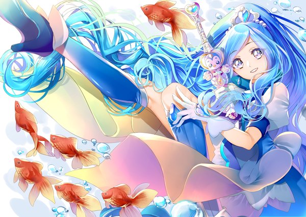 Anime picture 3541x2507 with precure healin' good precure toei animation sawaizumi chiyu cure fontaine yuutarou (fukiiincho) single looking at viewer highres blue eyes blue hair absurdres ponytail very long hair head tilt high heels puffy sleeves magical girl girl gloves