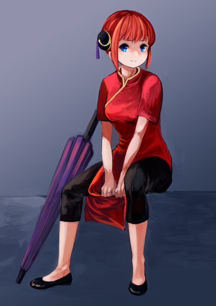 Anime picture 2480x3508 with gintama sunrise (studio) kagura (gintama) ikoan single tall image looking at viewer fringe highres short hair blue eyes simple background sitting payot full body bent knee (knees) blunt bangs traditional clothes light smile orange hair