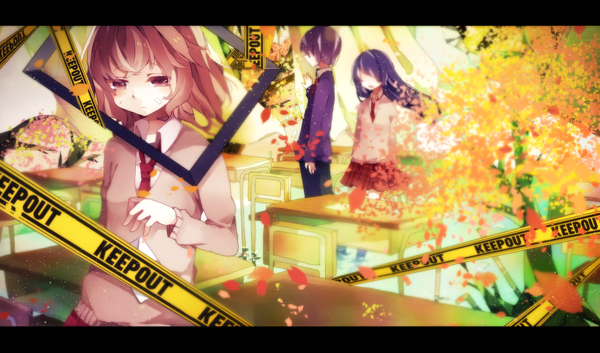Anime picture 1400x825 with original itamidome long hair short hair wide image multiple girls brown eyes purple hair letterboxed classroom empty picture frame girl boy uniform ribbon (ribbons) 2 girls school uniform petals picture frame caution tape