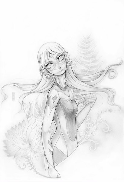 Anime picture 900x1314 with original basti rin single long hair tall image looking at viewer fringe simple background white background signed upper body head tilt pointy ears floating hair monochrome traditional media no pupils girl flower (flowers) plant (plants)