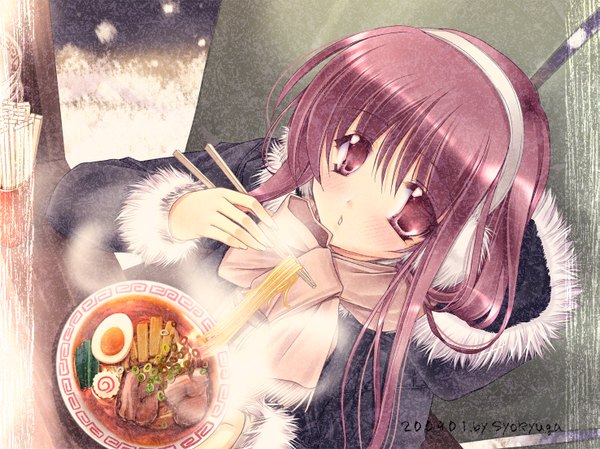 Anime picture 1475x1106 with ryuuga shou single long hair blush sitting girl chopsticks noodles ramen
