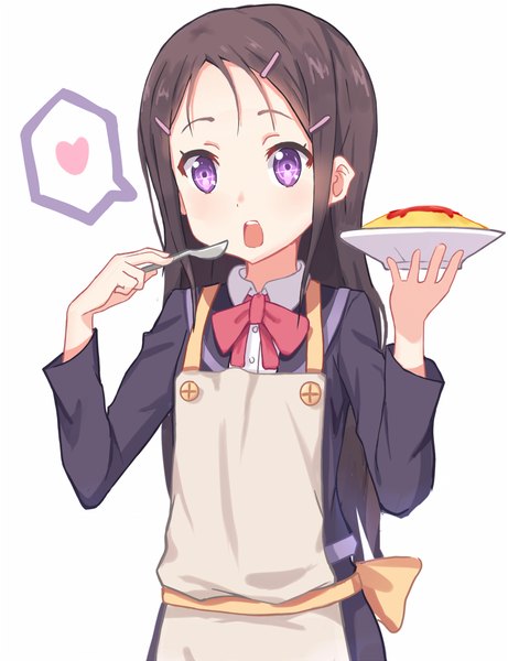 Anime picture 769x1000 with charlotte p.a. works otosaka ayumi kenkaizar single long hair tall image open mouth black hair simple background white background purple eyes holding upper body girl uniform school uniform food heart apron