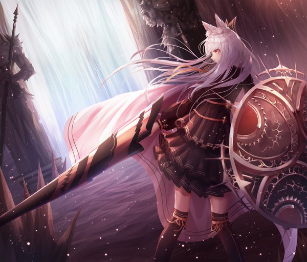 Anime picture 2500x2133 with original momingie single long hair blush highres open mouth red eyes standing holding animal ears looking away silver hair profile cat ears floating hair girl thighhighs dress ribbon (ribbons)