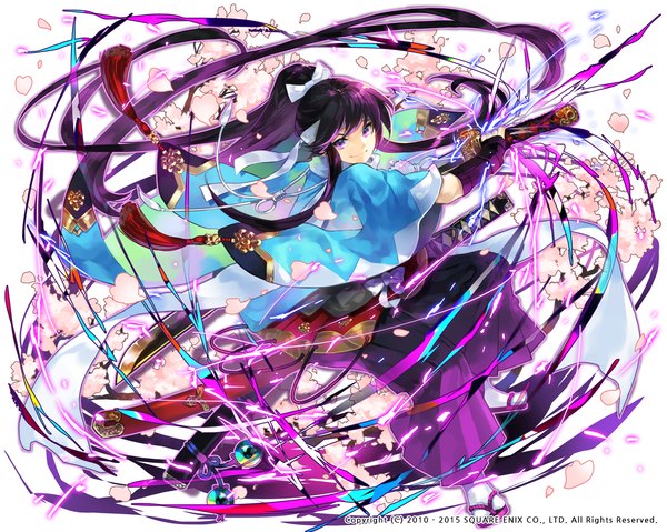 Anime picture 1143x914 with original seal (pukozin) single looking at viewer smile purple eyes purple hair ponytail very long hair traditional clothes japanese clothes girl weapon sword katana