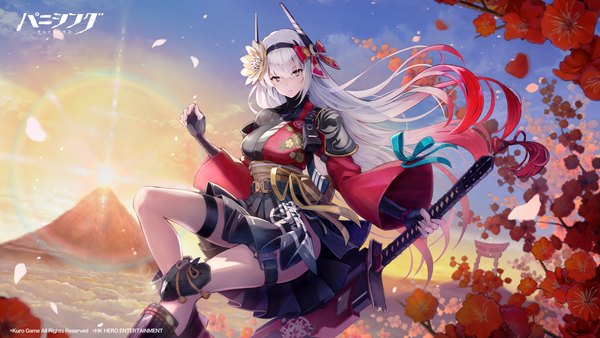 Anime picture 7680x4320 with punishing: gray raven hoshizaki reita single long hair looking at viewer fringe highres breasts hair between eyes wide image holding payot absurdres sky silver hair cloud (clouds) bent knee (knees) outdoors traditional clothes pleated skirt
