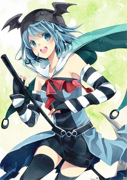 Anime picture 650x922 with original inma r. single tall image blush fringe short hair open mouth blue eyes smile bare shoulders holding signed blue hair looking away teeth striped bat wings green background borrowed character
