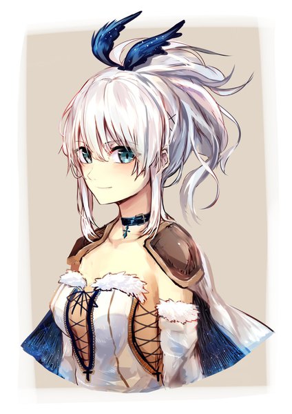 Anime picture 1000x1414 with original suke single long hair tall image looking at viewer fringe simple background hair between eyes payot silver hair ponytail aqua eyes portrait brown background girl hair ornament choker x hair ornament