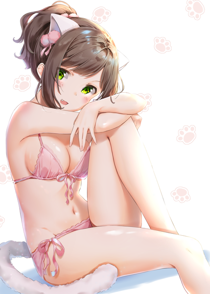 Anime picture 1296x1812 with idolmaster idolmaster cinderella girls maekawa miku kinako (shiratama mochi) single tall image looking at viewer blush fringe short hair breasts open mouth light erotic brown hair large breasts white background sitting bare shoulders green eyes animal ears