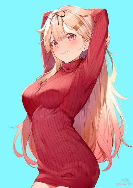 Anime picture 1736x2456 with kantai collection yuudachi destroyer nyum single long hair tall image looking at viewer blush fringe highres simple background blonde hair smile hair between eyes red eyes standing signed arms up alternate costume twitter username