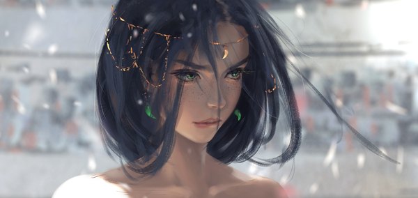 Anime picture 3353x1588 with ghost blade aeolian wlop single fringe highres short hair black hair hair between eyes wide image bare shoulders green eyes looking away outdoors lips sunlight blurry portrait freckles lip biting