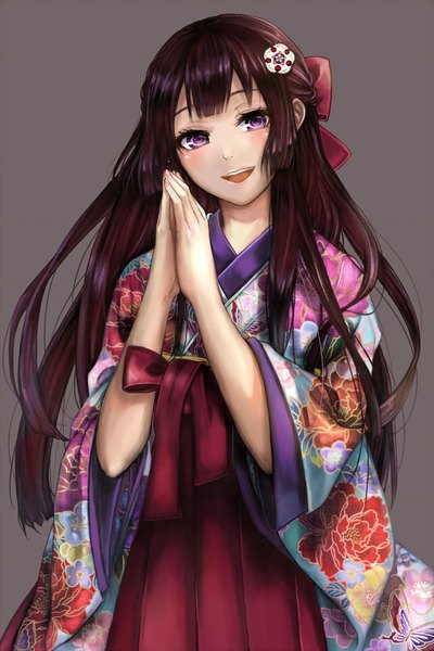 Anime picture 640x960 with original pisuke single long hair tall image looking at viewer blush fringe open mouth purple eyes red hair traditional clothes :d japanese clothes grey background wide sleeves happy half updo hime cut girl