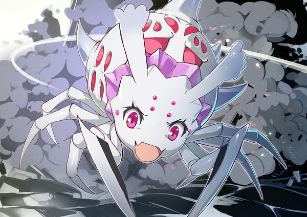 Anime picture 1403x992 with kumo desu ga nani ka? kumoko (kumo desu ga nani ka?) nyoronyoro single open mouth :d pink eyes no people insect spider